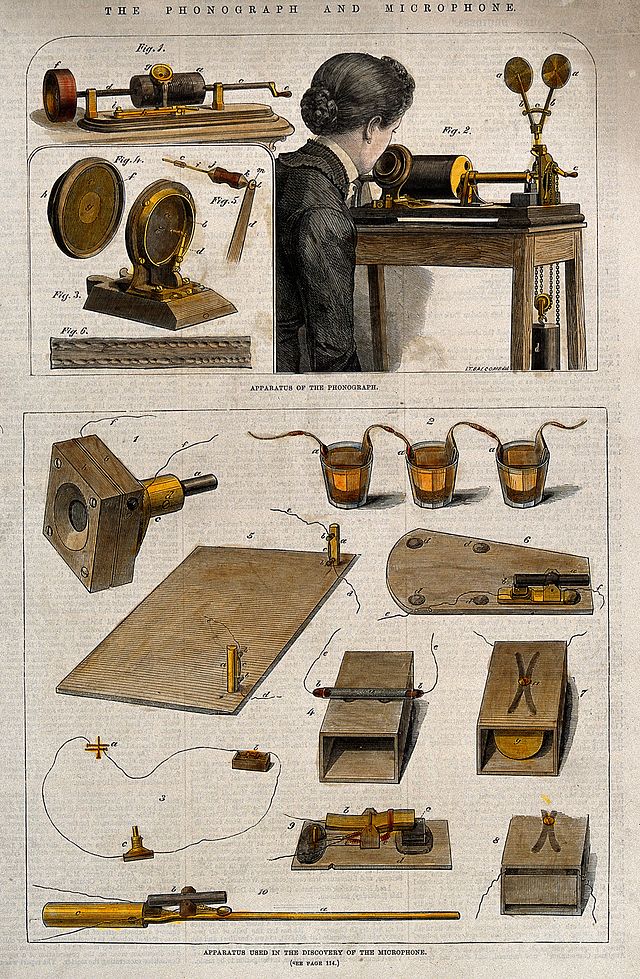 Nineteenth-century illustration of an Edison carbon telephone transmitter