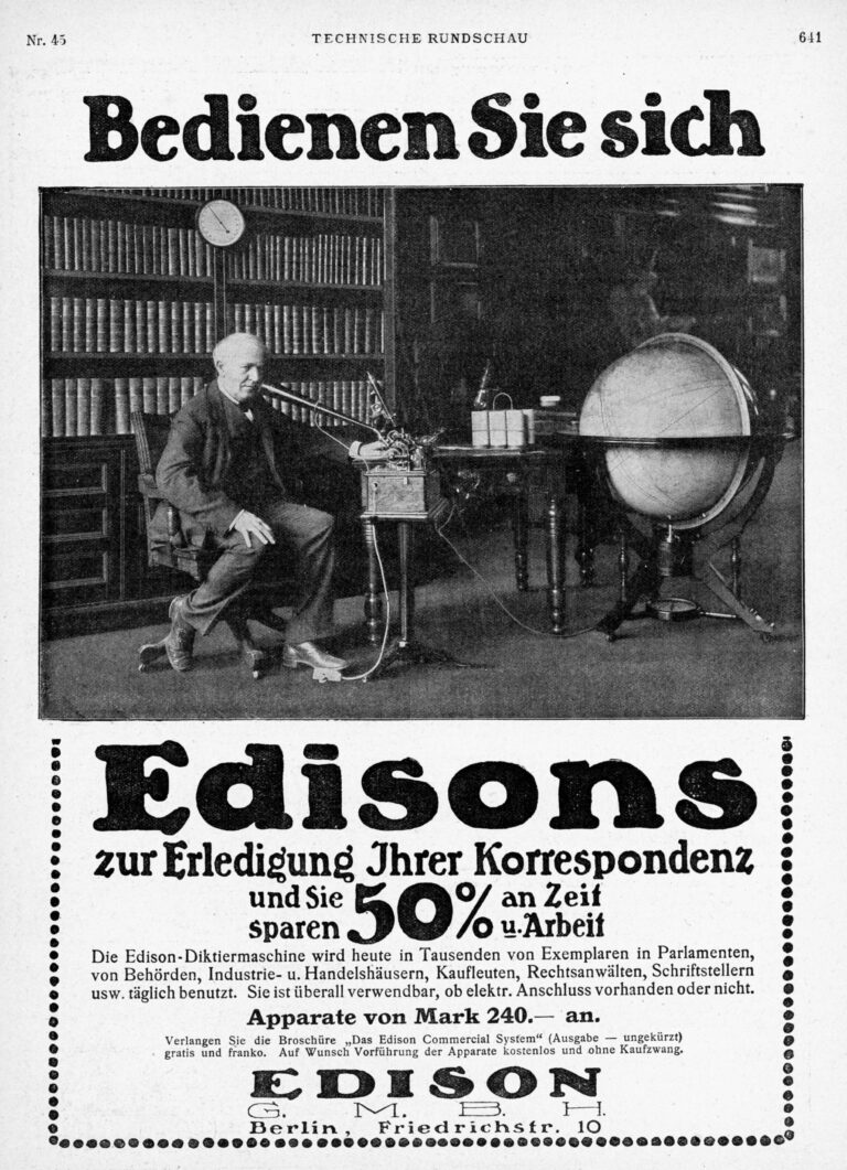 A 1911 advertisement showing Thomas Edison dictating with an Edison business phonograph
