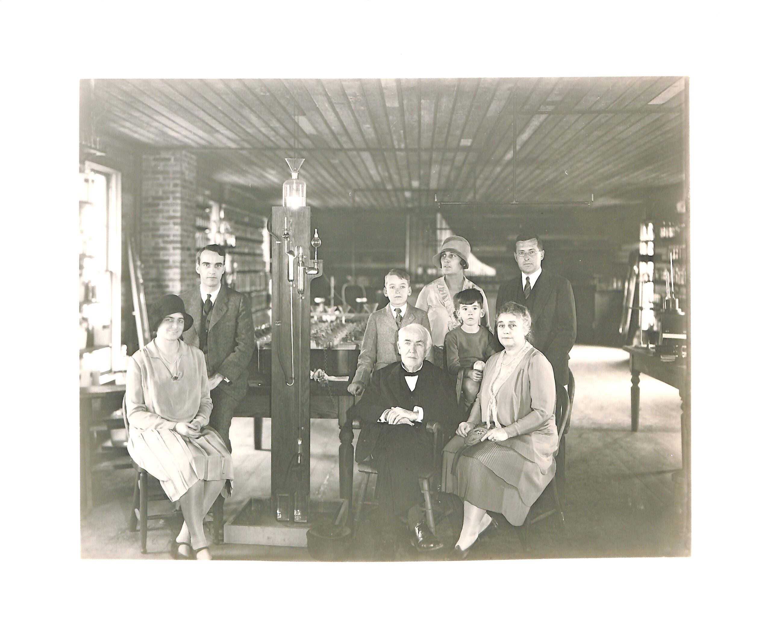 Thomas Edison and members of his family at the reconstructed Menlo Park laboratory in 1929