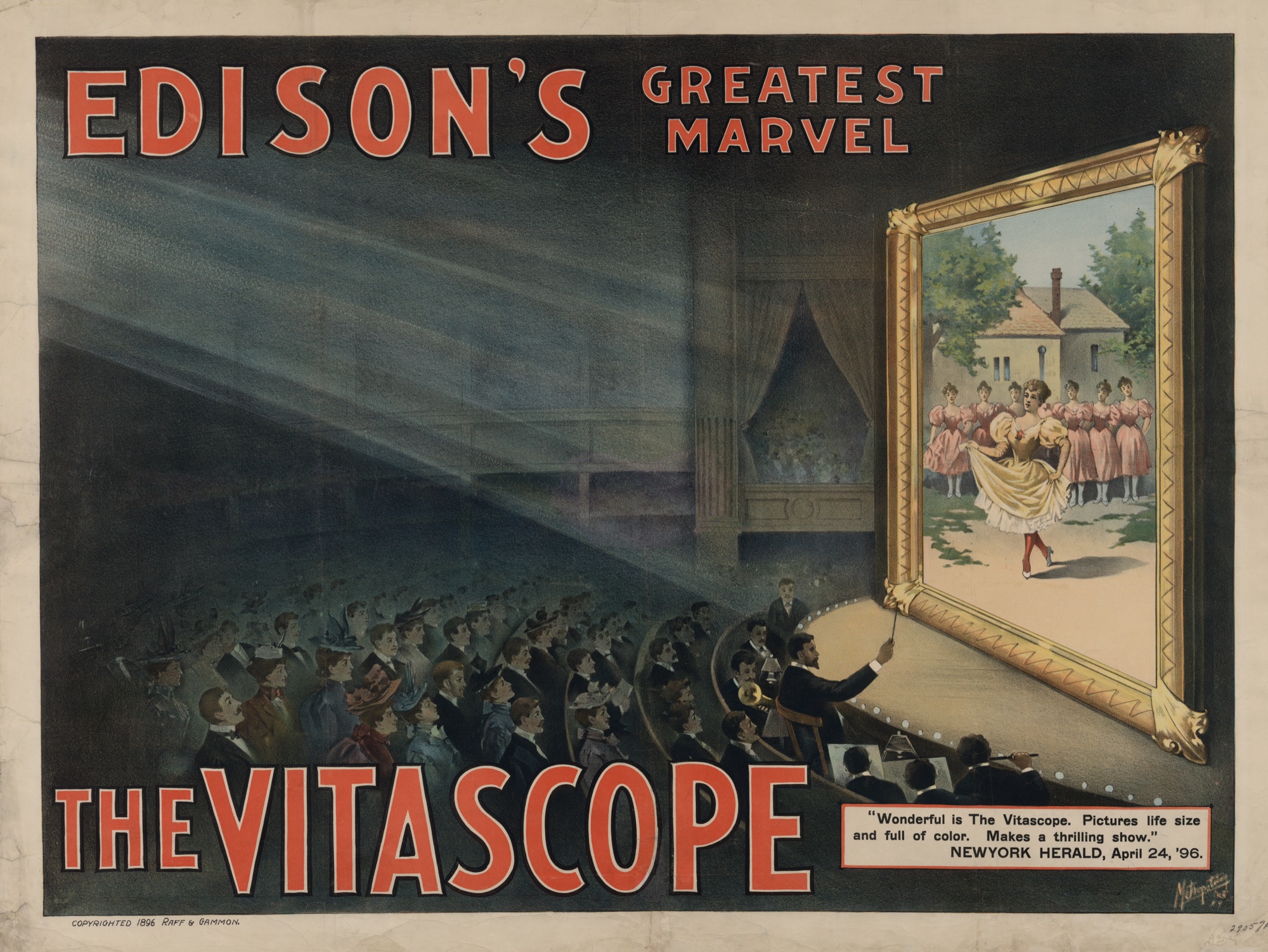 Colour poster advertising Edison’s Vitascope as his greatest marvel around 1896