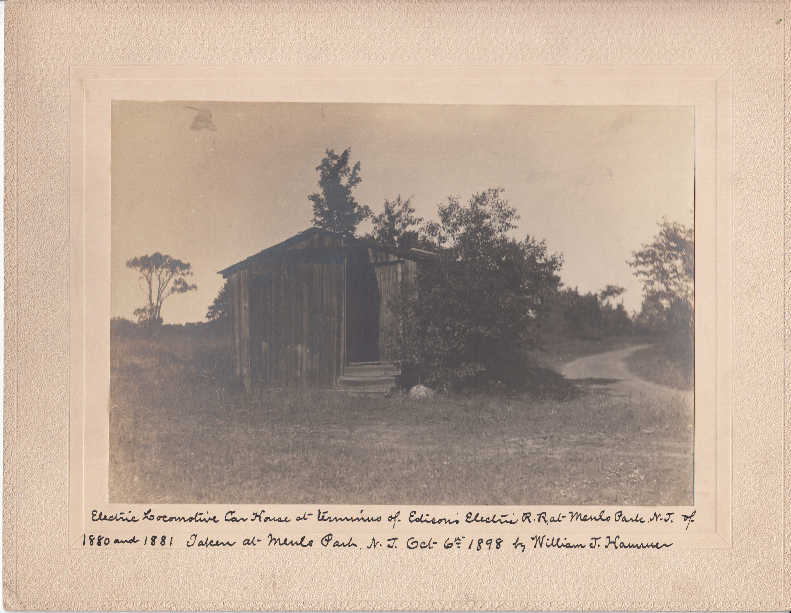 The car house at the terminus of Thomas Edison’s experimental electric railway at Menlo Park