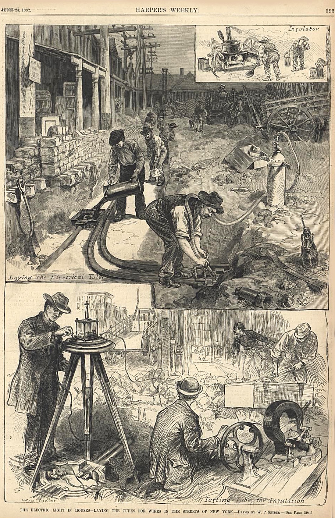 Workers laying underground tubes for Edison electric wires in New York City in 1882