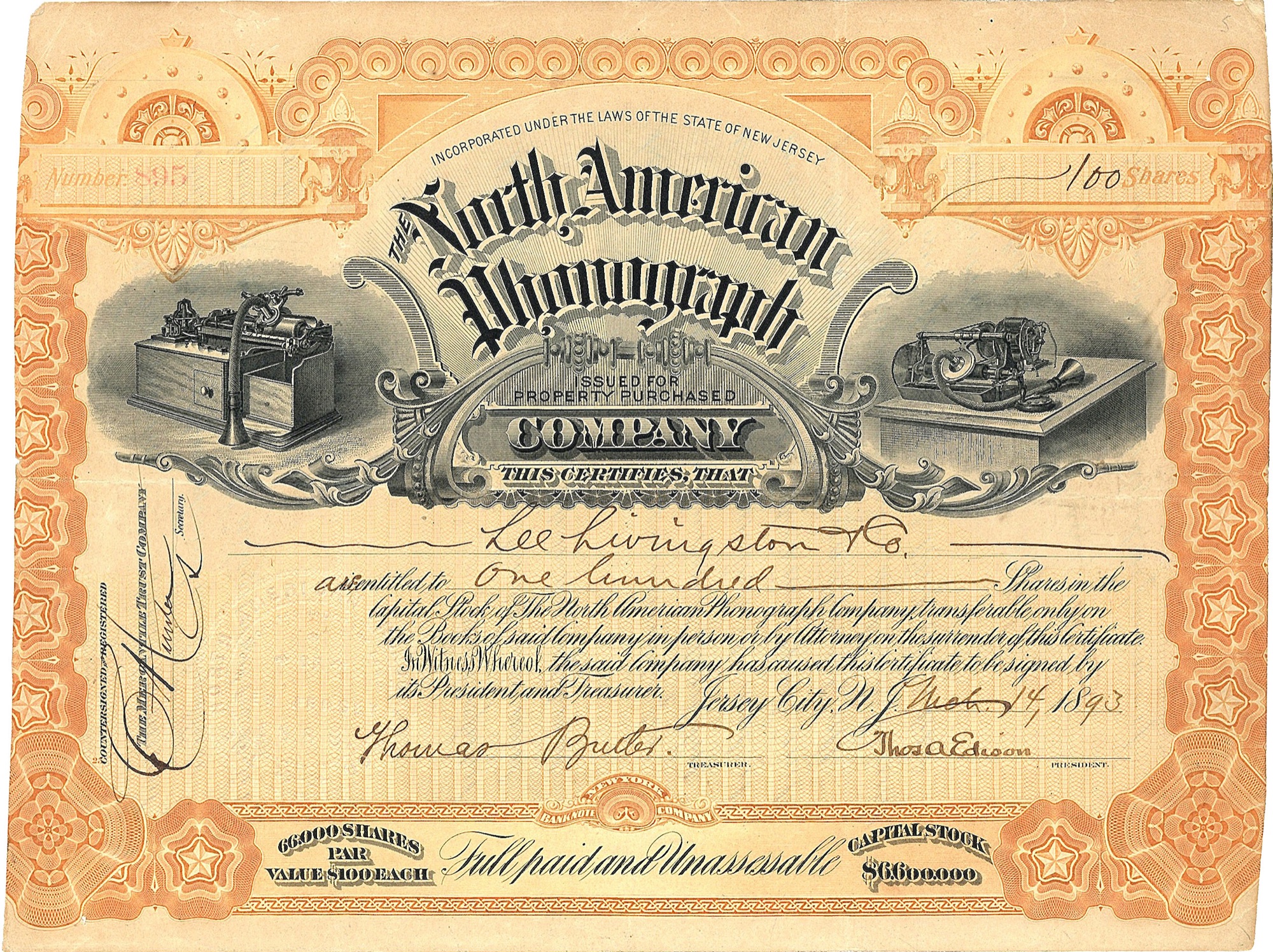 North American Phonograph Company stock certificate issued in 1893 and signed by Thomas Edison