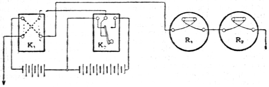 Diagram showing the relays and circuits of a quadruplex telegraph system