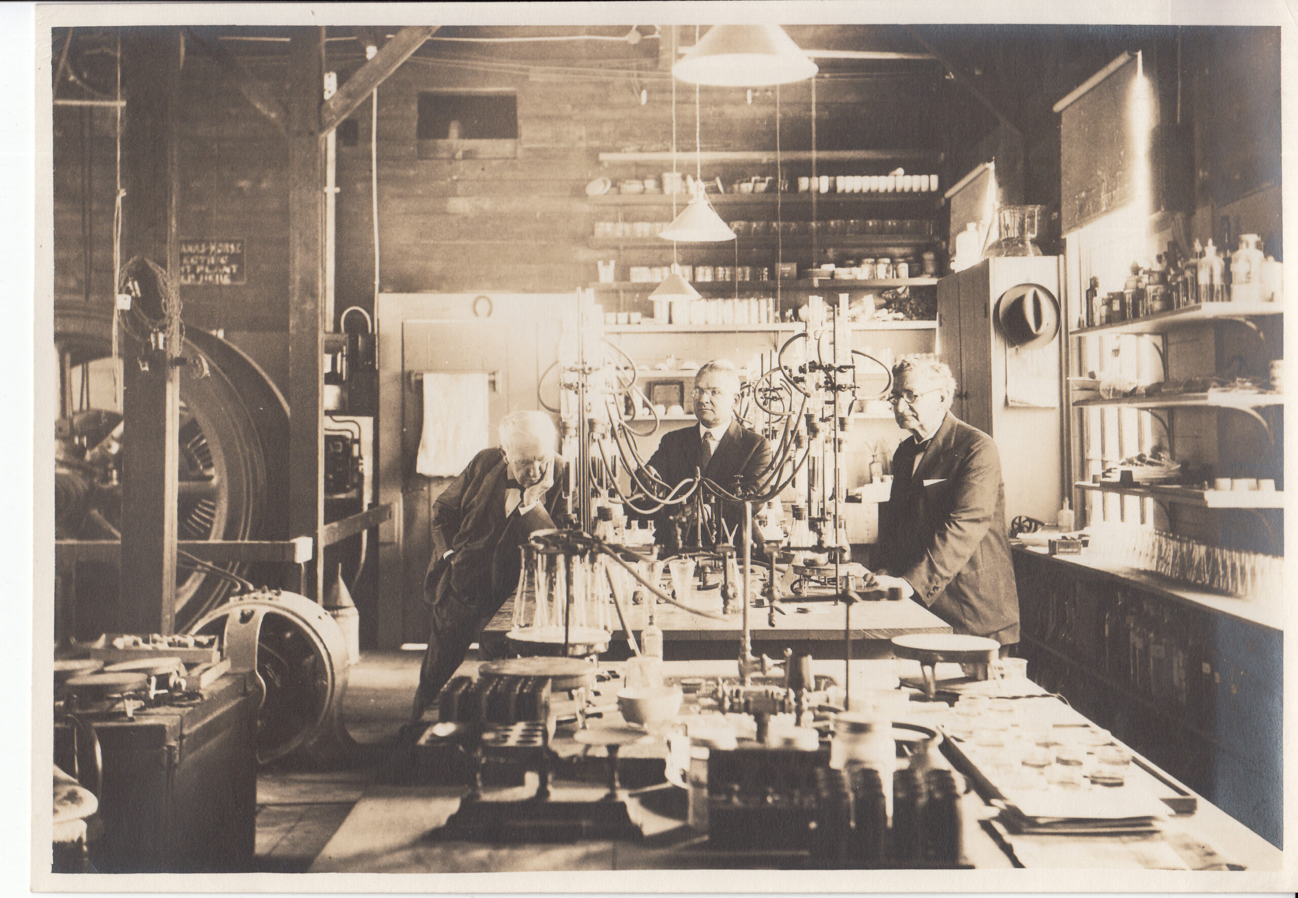 Thomas Edison and assistants attempting to extract rubber from goldenrod at the Fort Myers laboratory
